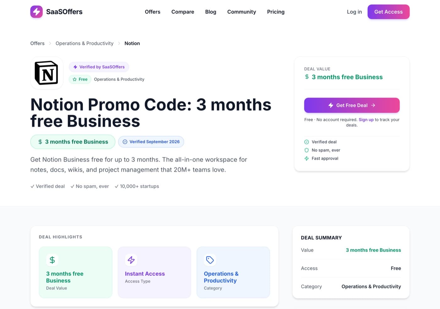 A SaaSOffers deal page for Notion