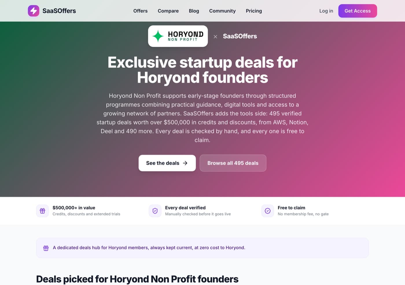 A co-branded SaaSOffers perks page for a founder community