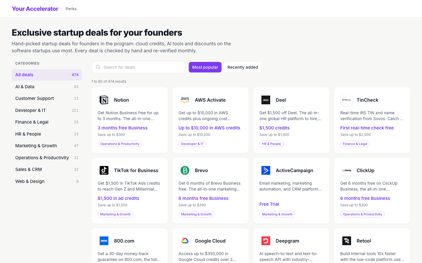 A branded perks catalogue with categories, search and deal cards