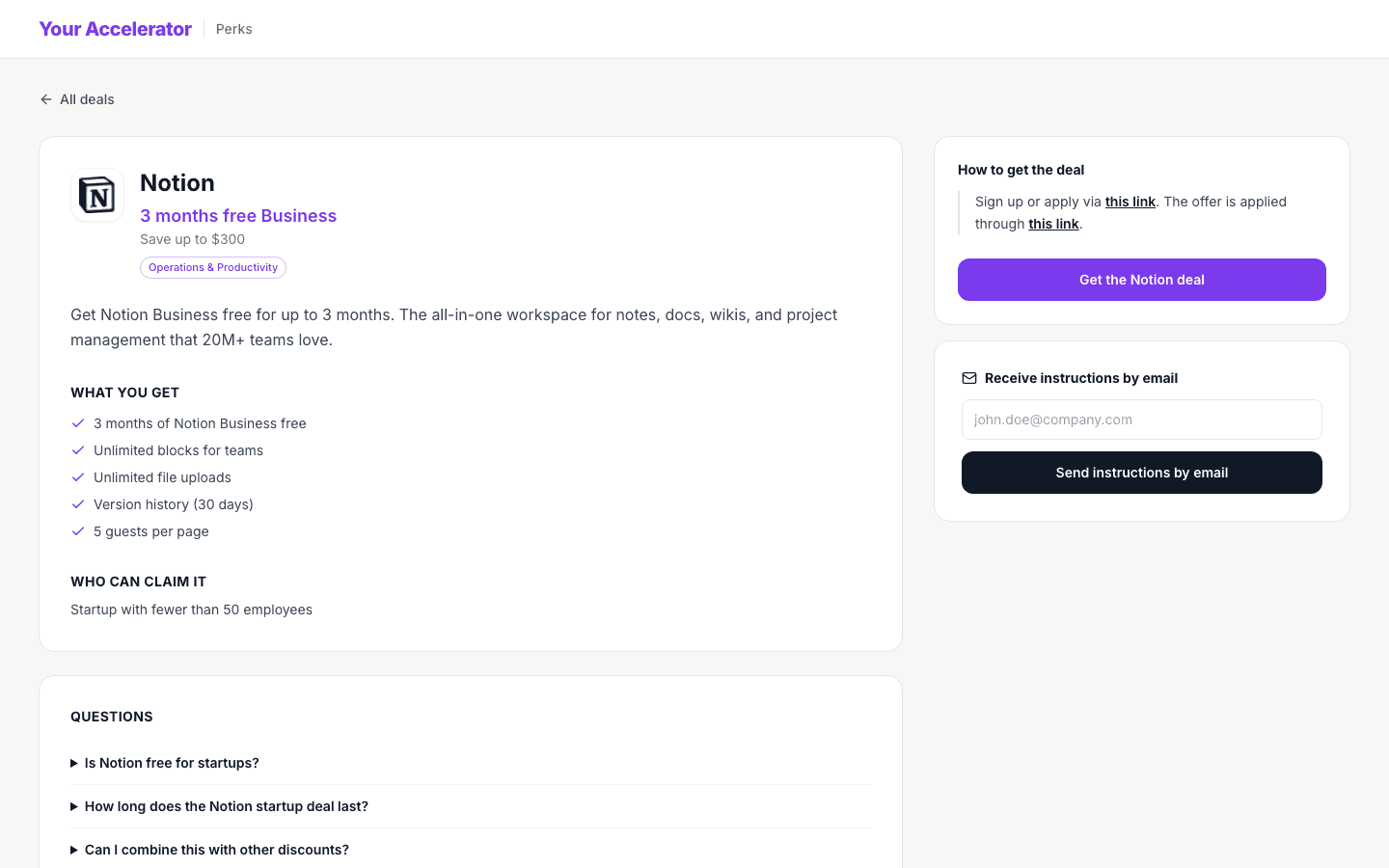 A deal page inside a partner's catalogue, with claim steps