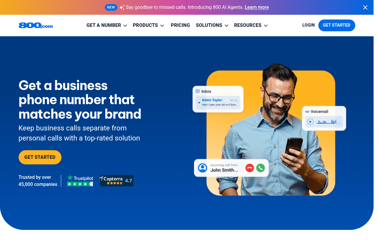 800.com homepage, 30-day money-back guarantee for startups