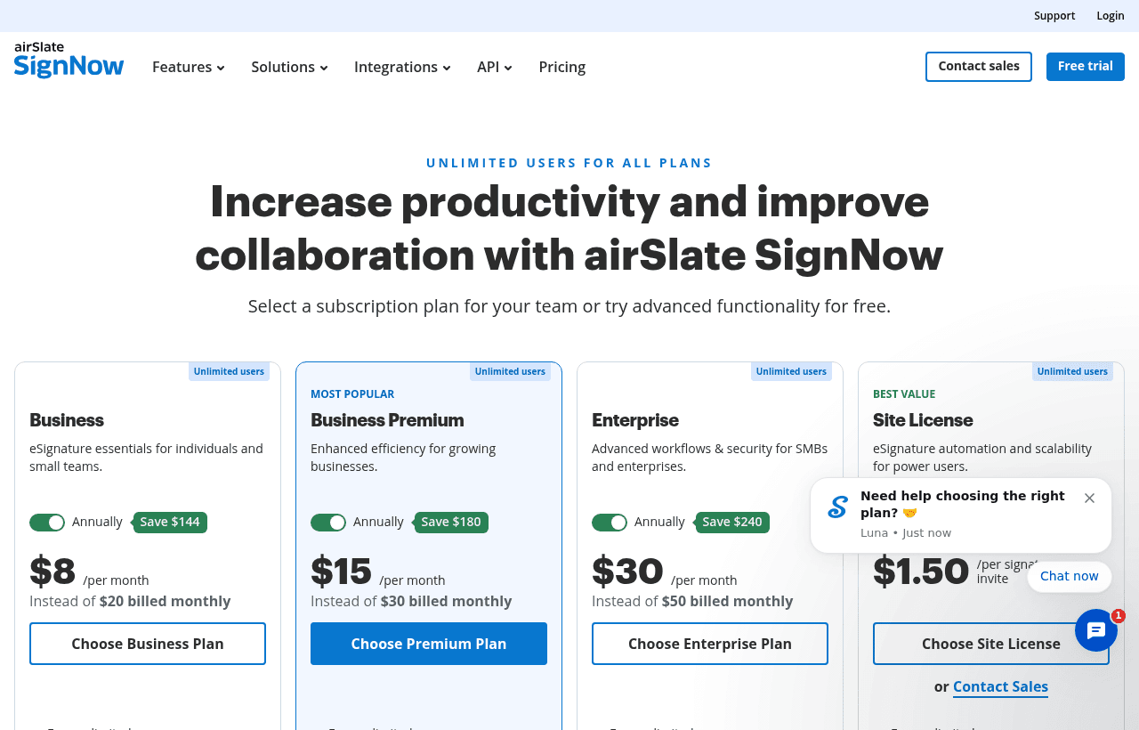 airSlate pricing and plans