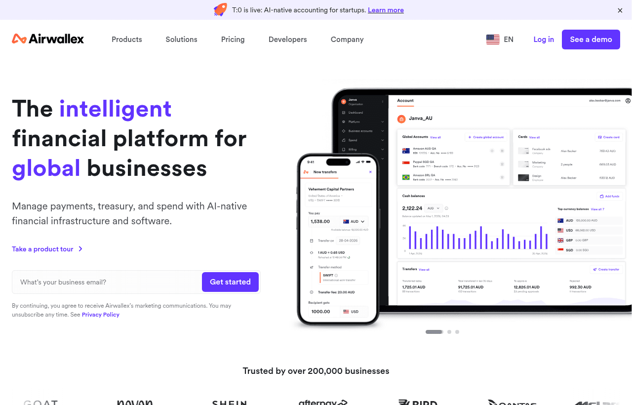 Airwallex homepage, $50,000 in free FX for startups