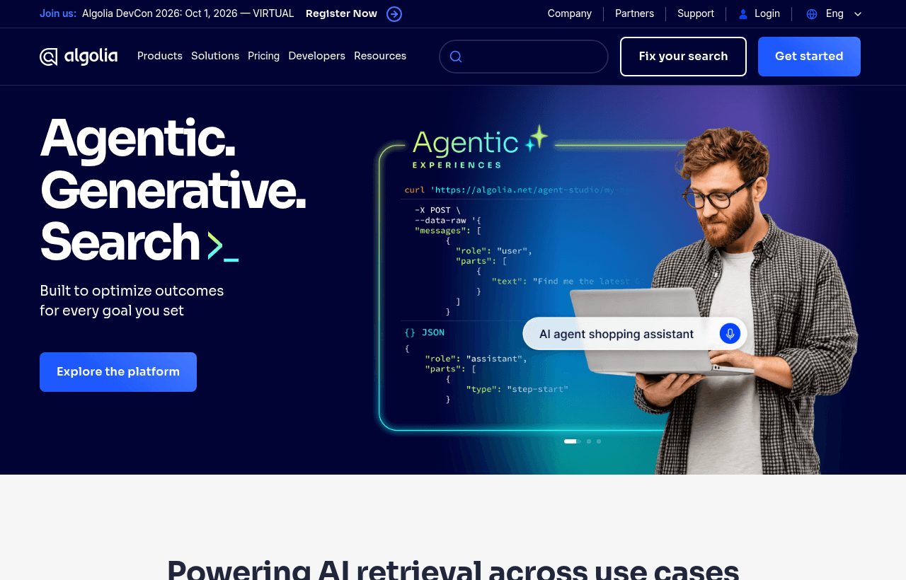 Algolia product homepage
