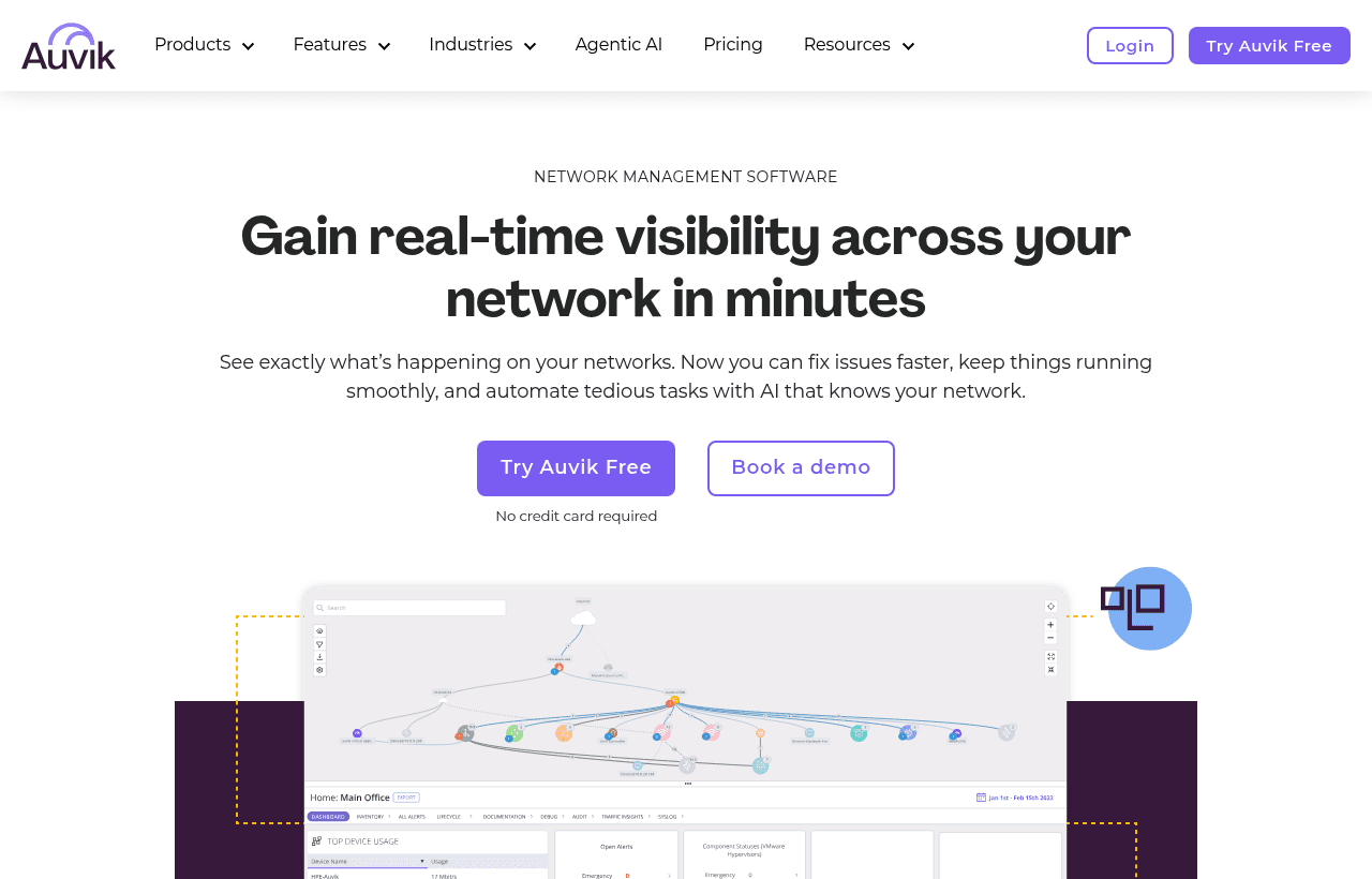 Auvik homepage, 14-day free trial for startups