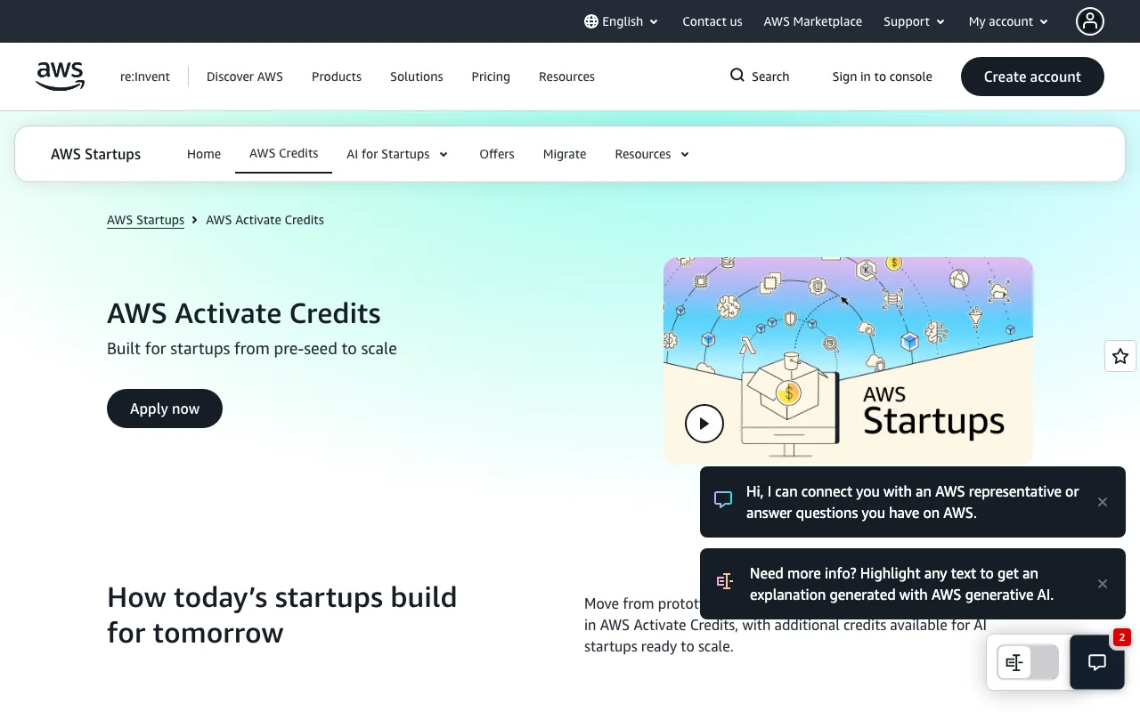 AWS Activate credits page
