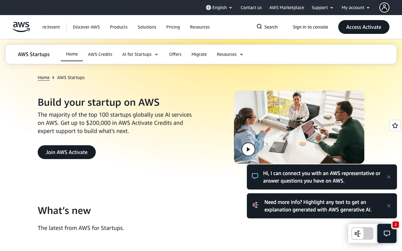 AWS for Startups page