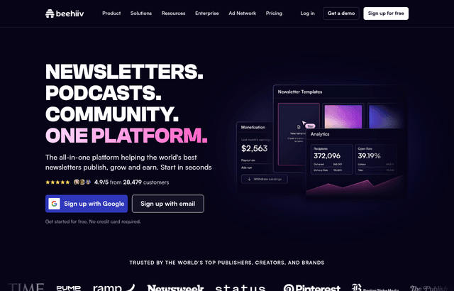 Beehiiv product homepage