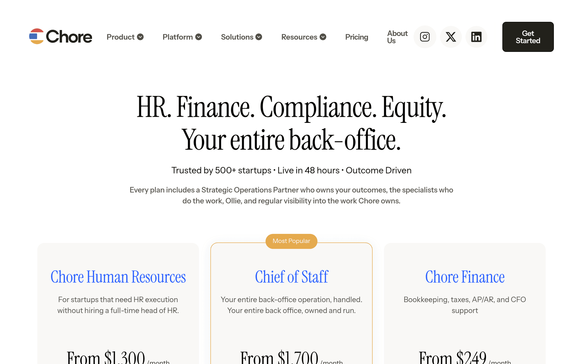 Chore pricing: HR from $1,300, Chief of Staff from $1,700, Finance from $249 a month
