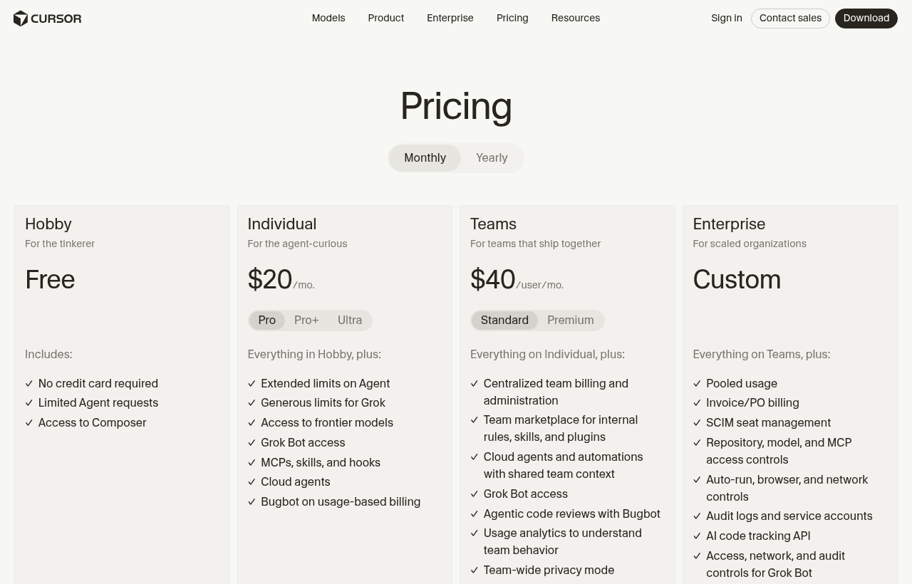 Cursor pricing and plans