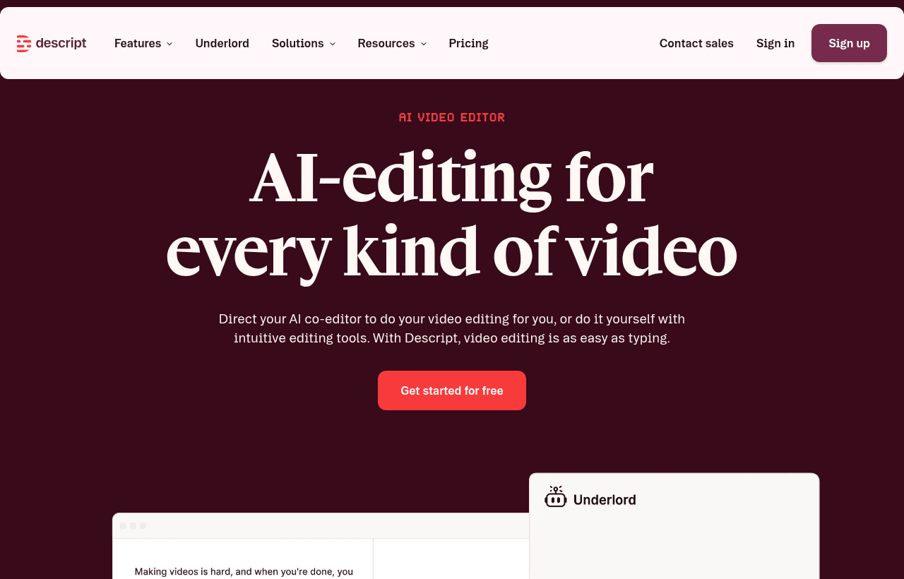 Descript product homepage