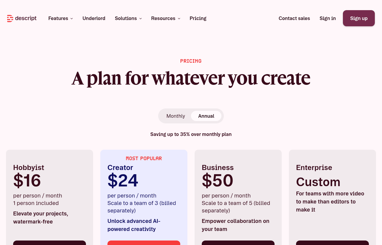 Descript pricing and plans