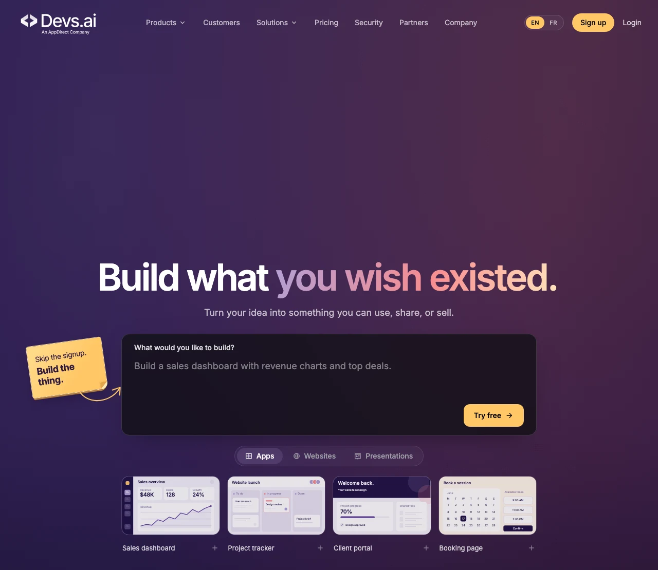 Devs.ai homepage: describe what you want to build and Devs.ai turns it into an app, with ready-made templates for a sales dashboard, project tracker, client portal and booking page