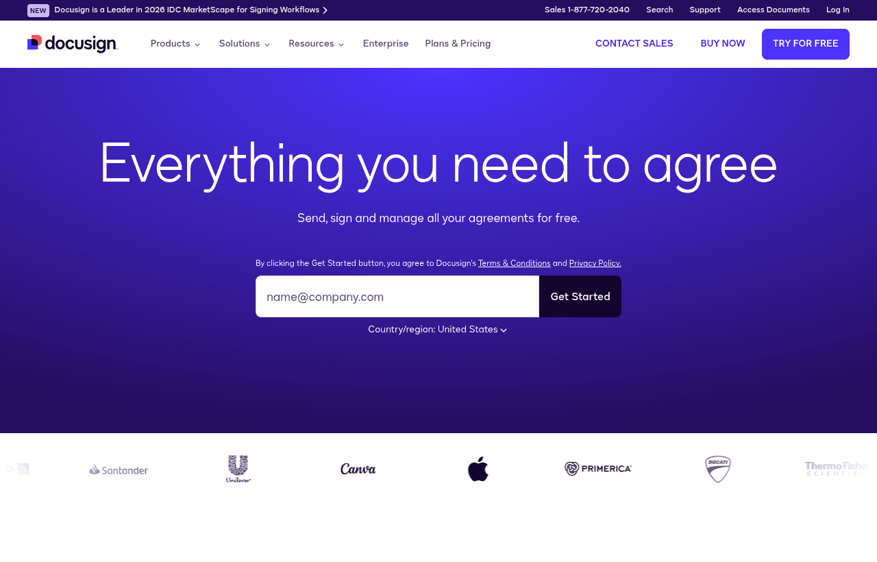 Docusign product homepage