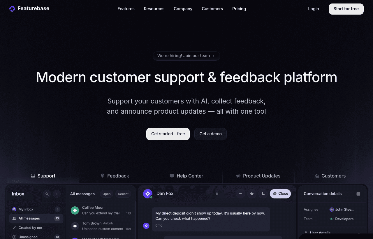 Featurebase product homepage