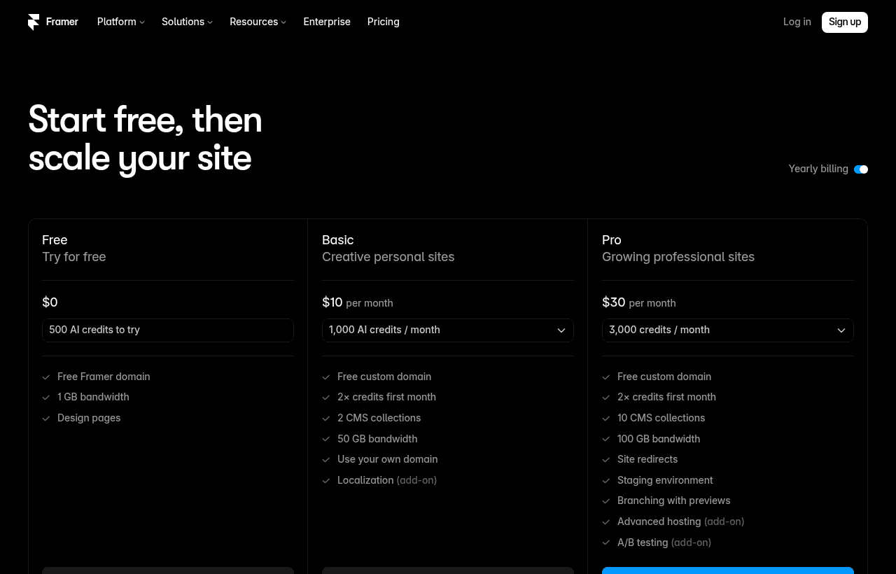 Framer pricing and plans