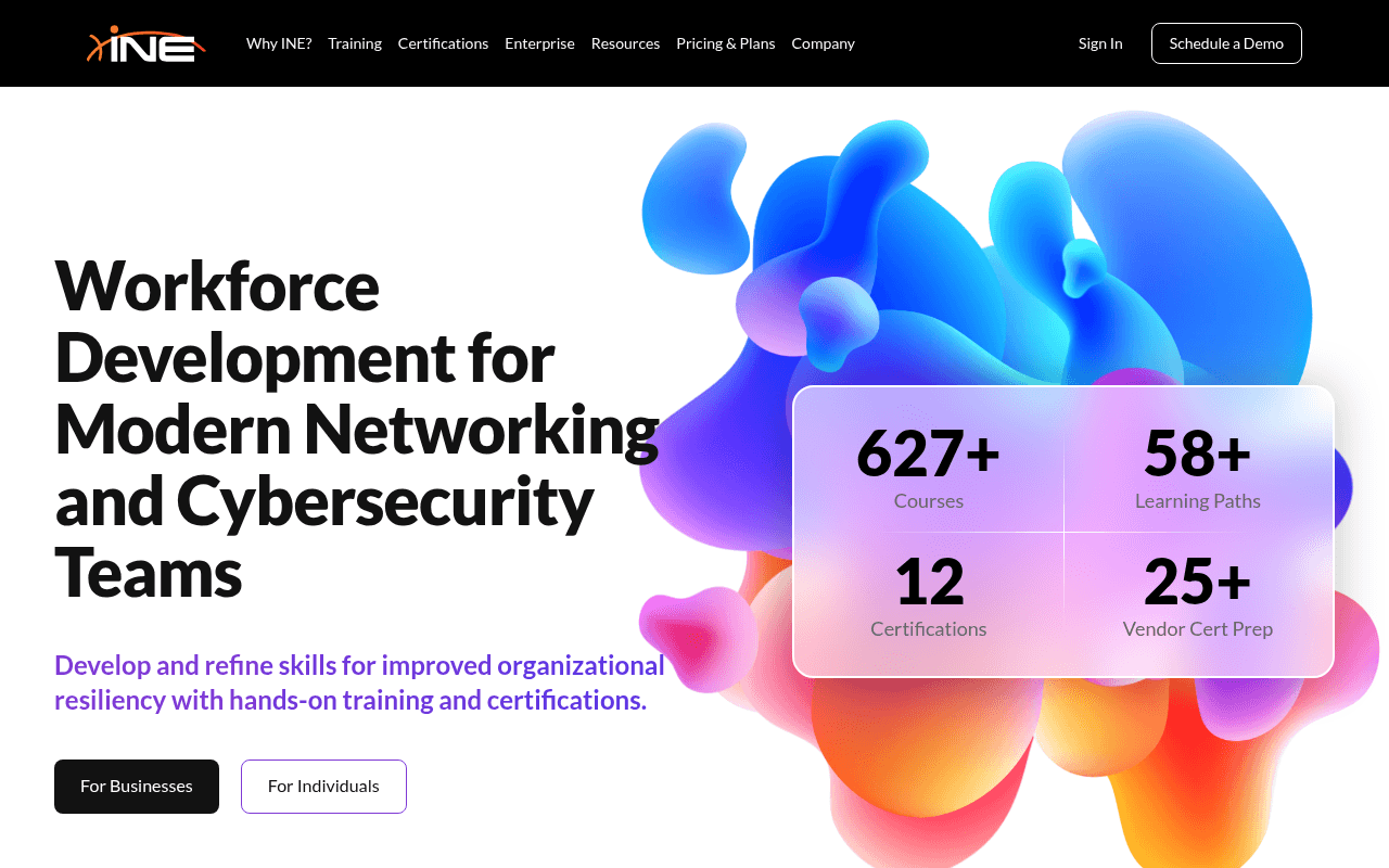 INE homepage, networking and cybersecurity training for teams