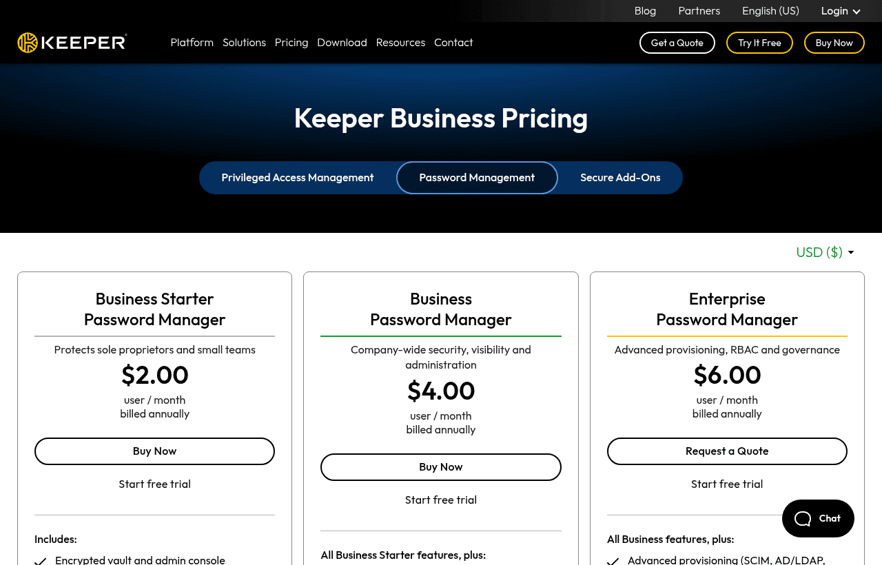 Keeper Security pricing and plans