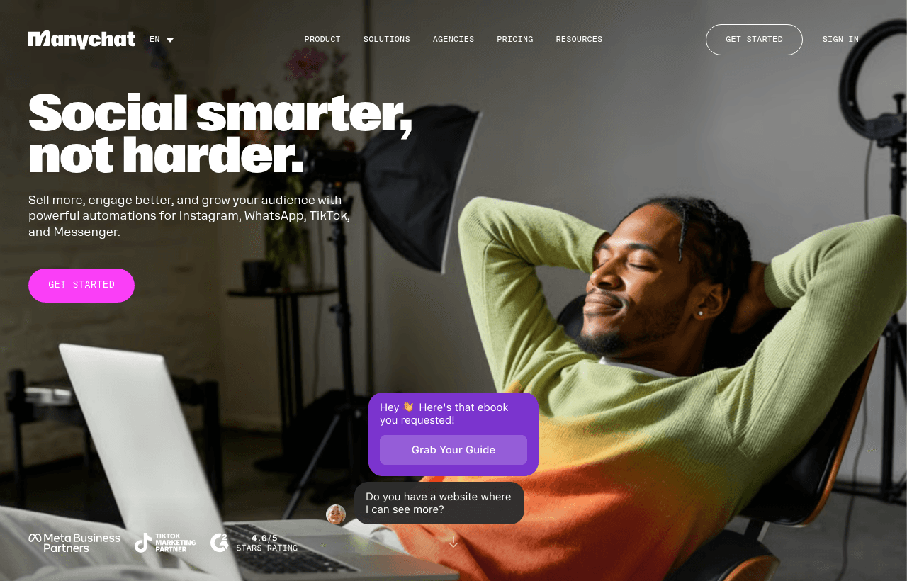 ManyChat homepage, 1 month Pro free for startups