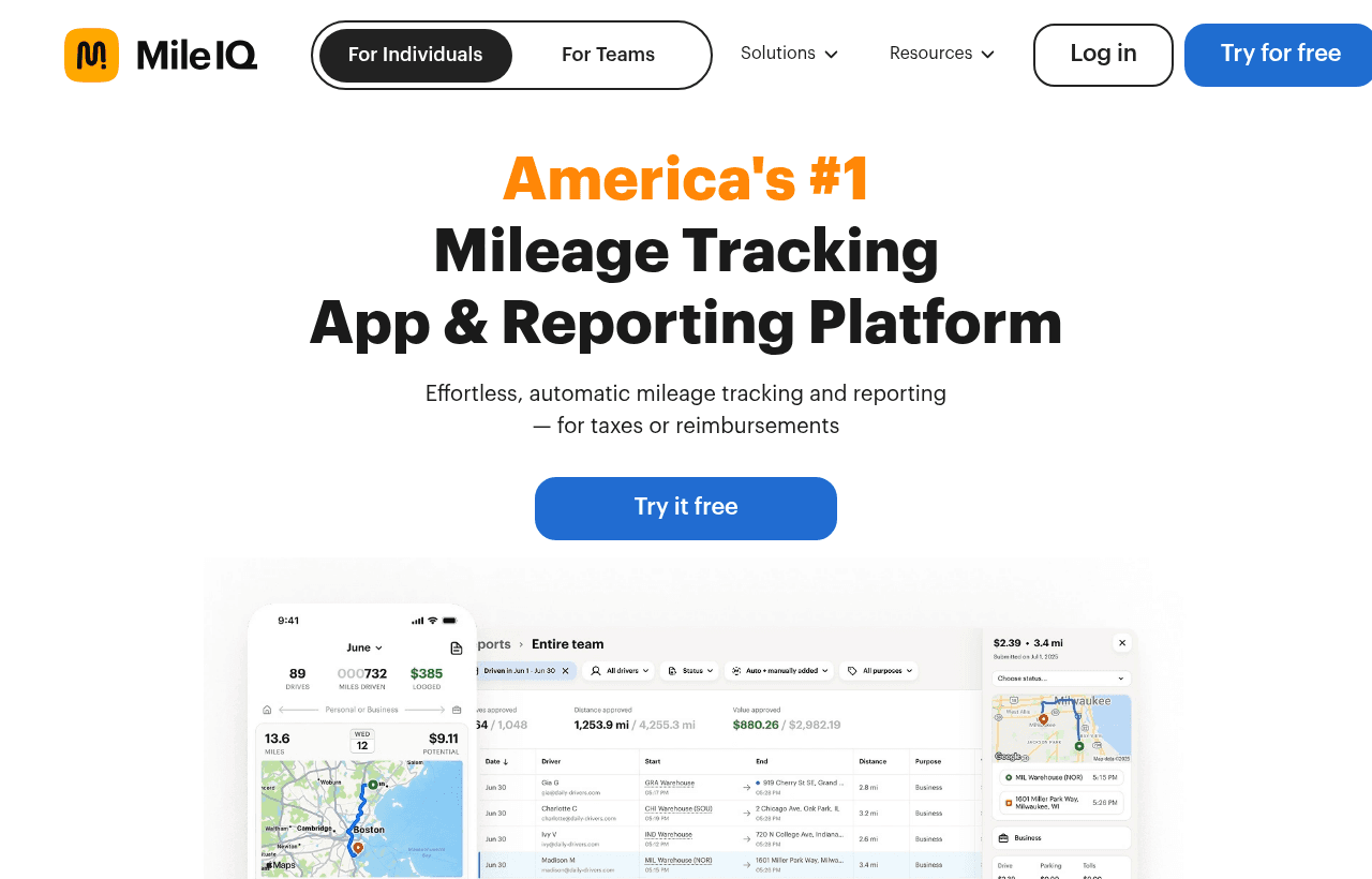 MileIQ homepage, 30-day free trial for startups