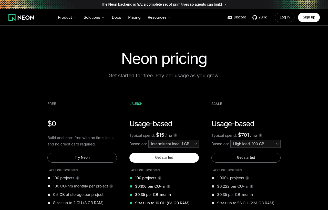 Neon pricing and plans