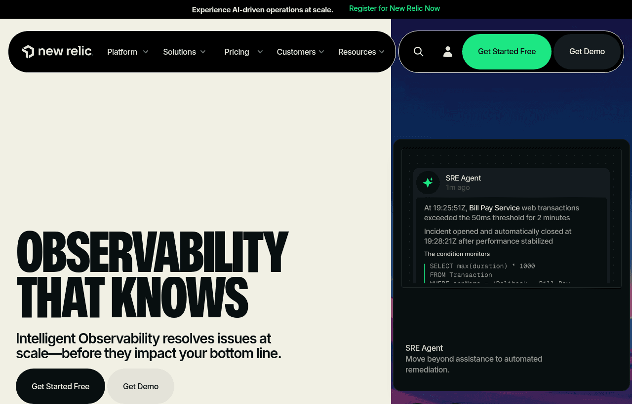 New Relic product homepage