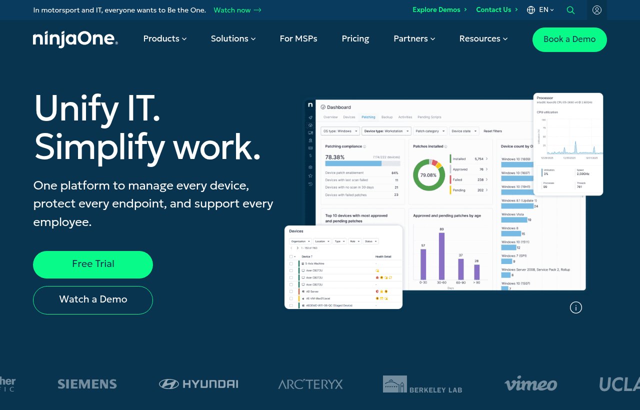 NinjaOne homepage, 14-day free trial for startups