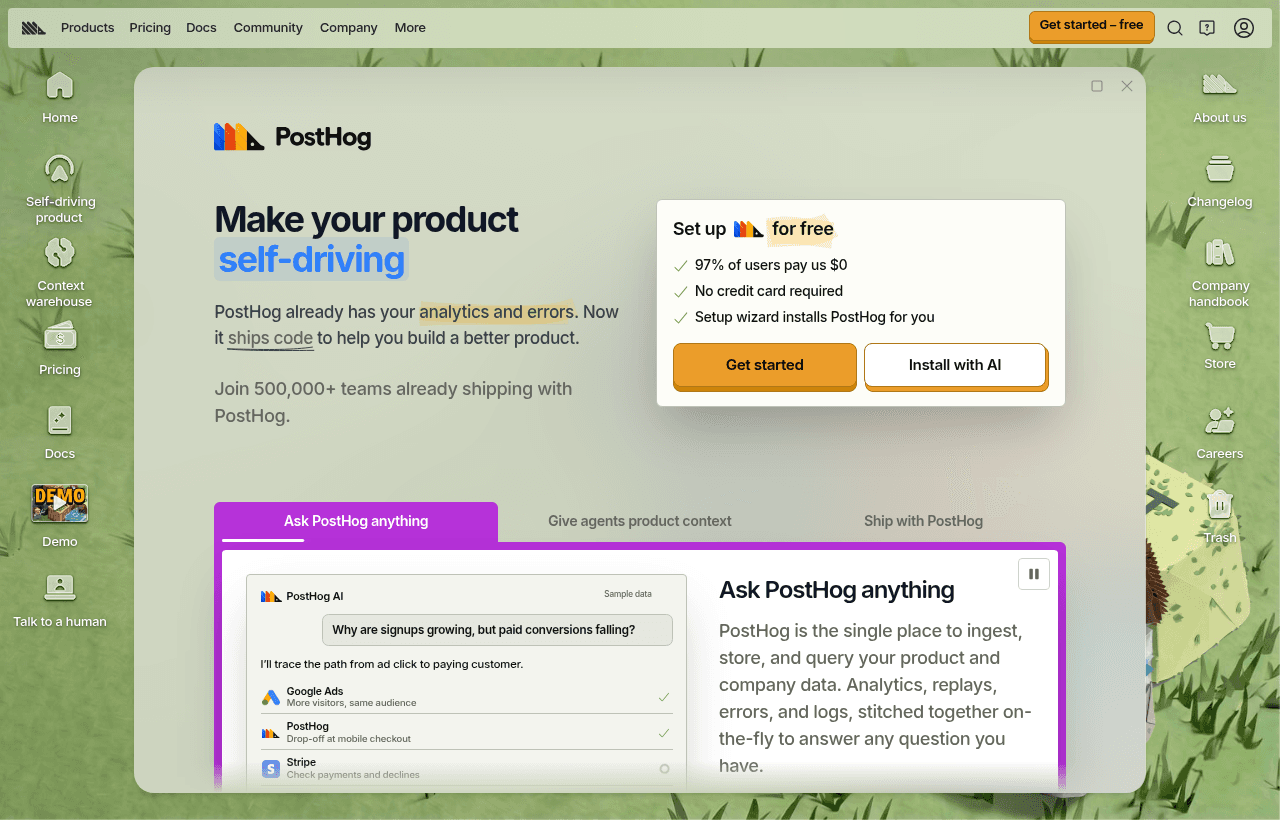 Posthog product homepage