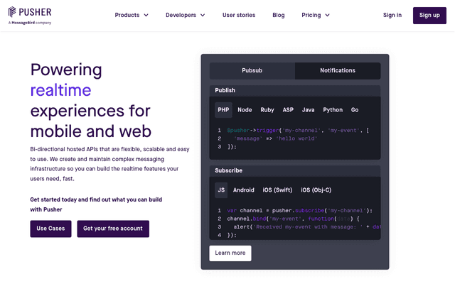 Pusher product homepage
