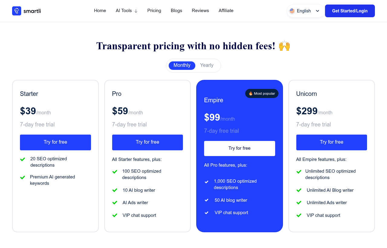 Smartli pricing and plans