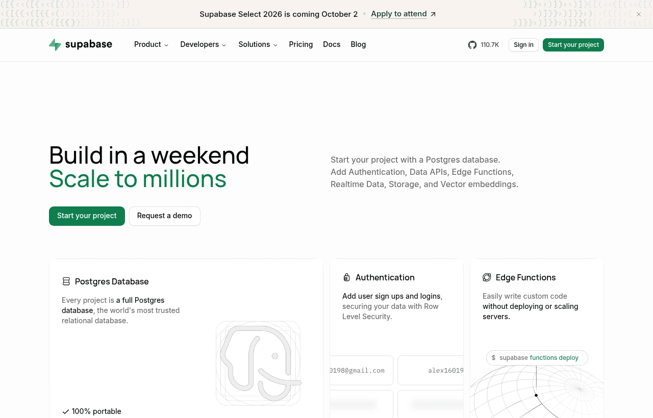 Supabase product homepage