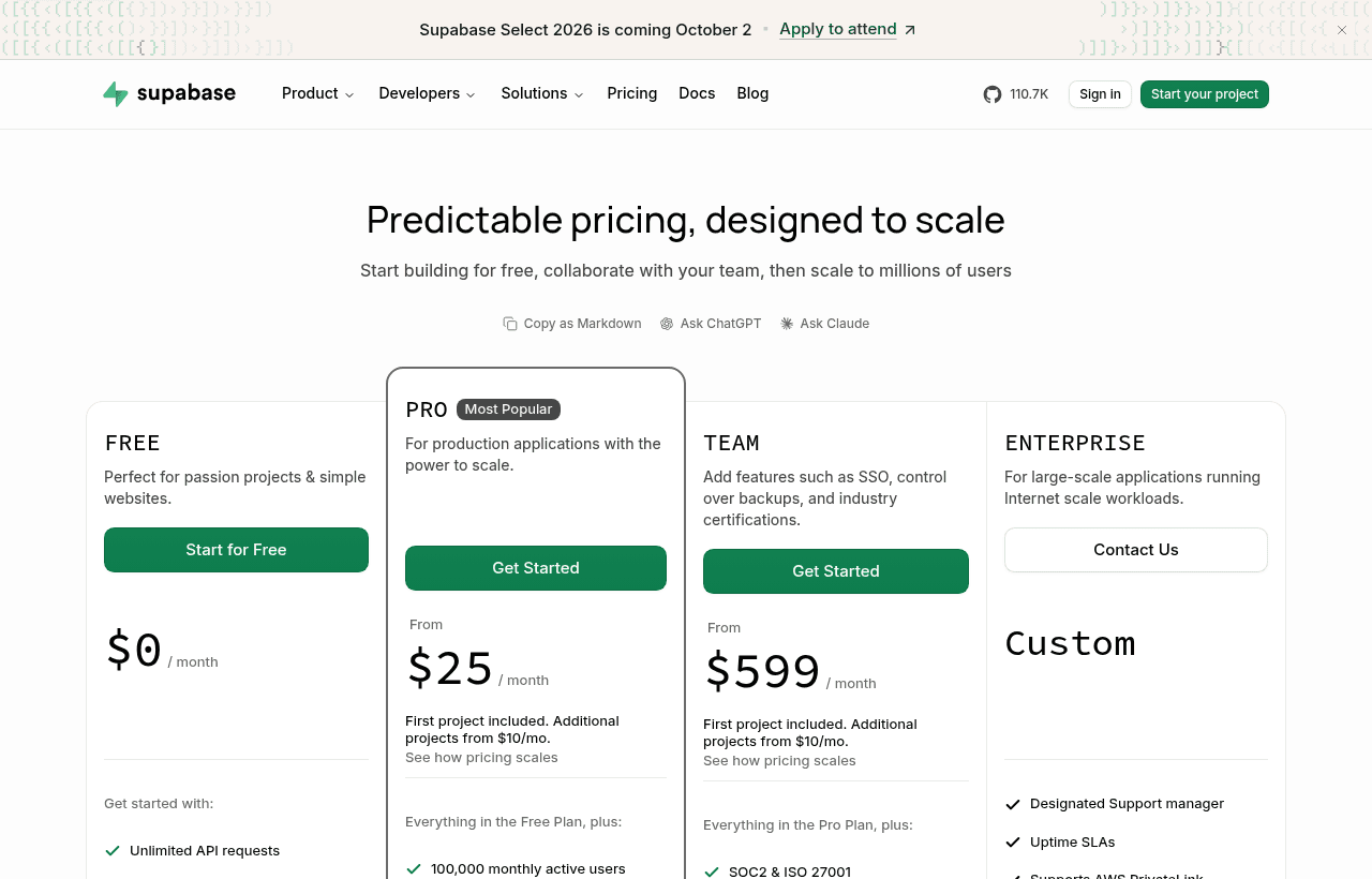 Supabase pricing and plans