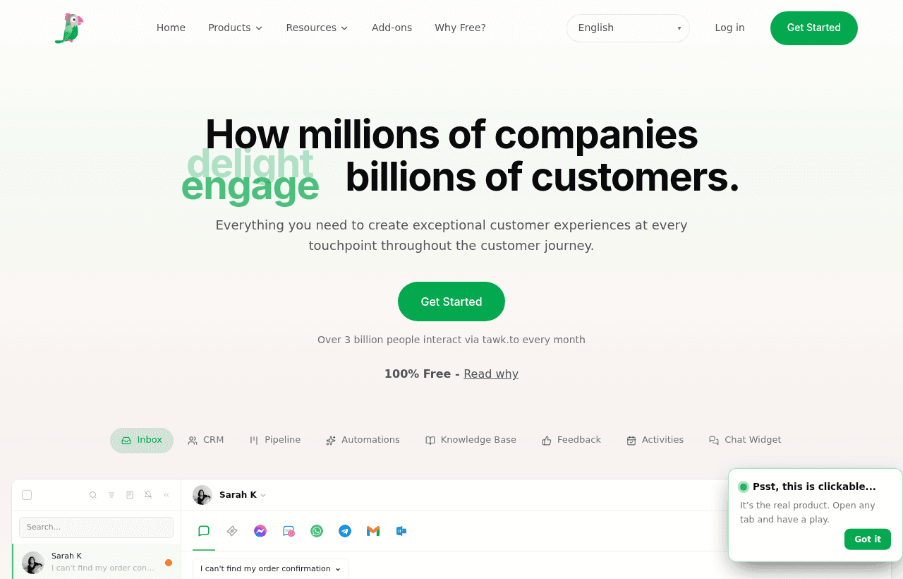 Tawk.to product homepage