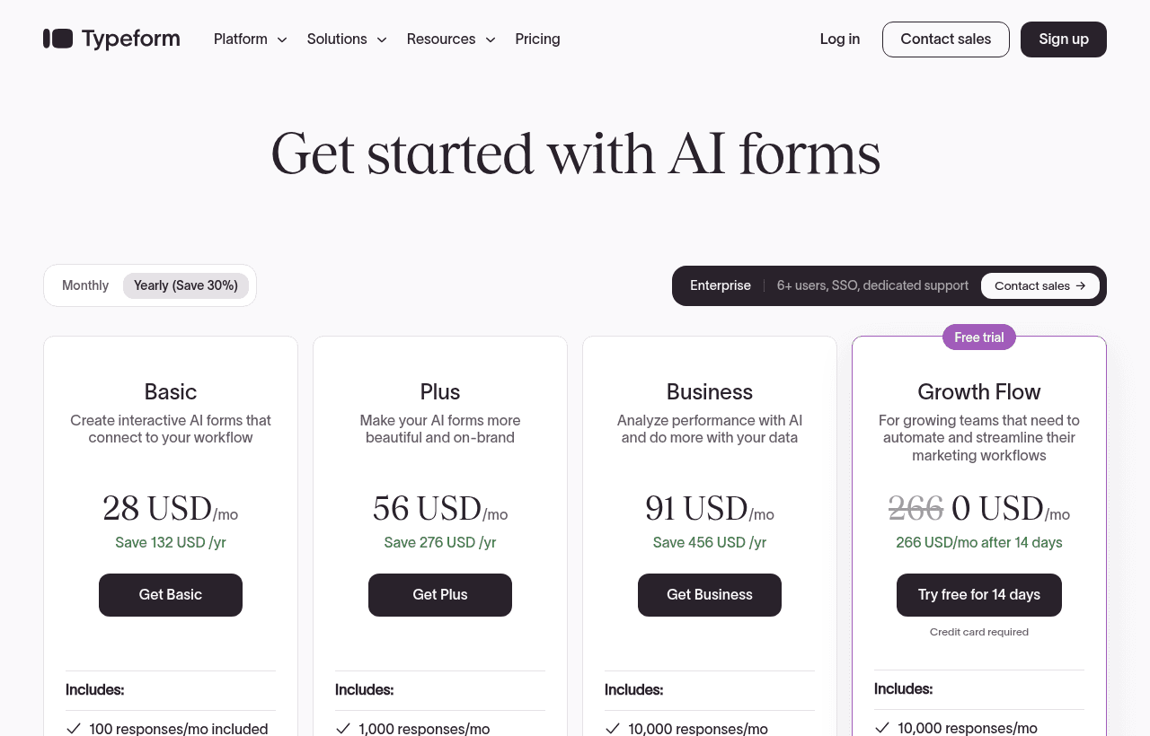 Typeform pricing and plans