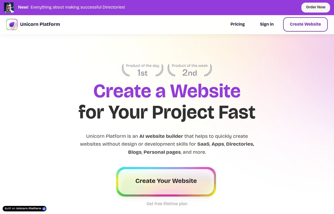 Unicorn Platform product homepage