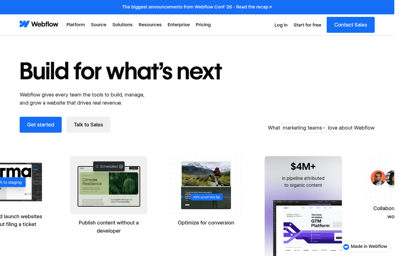 Webflow product homepage