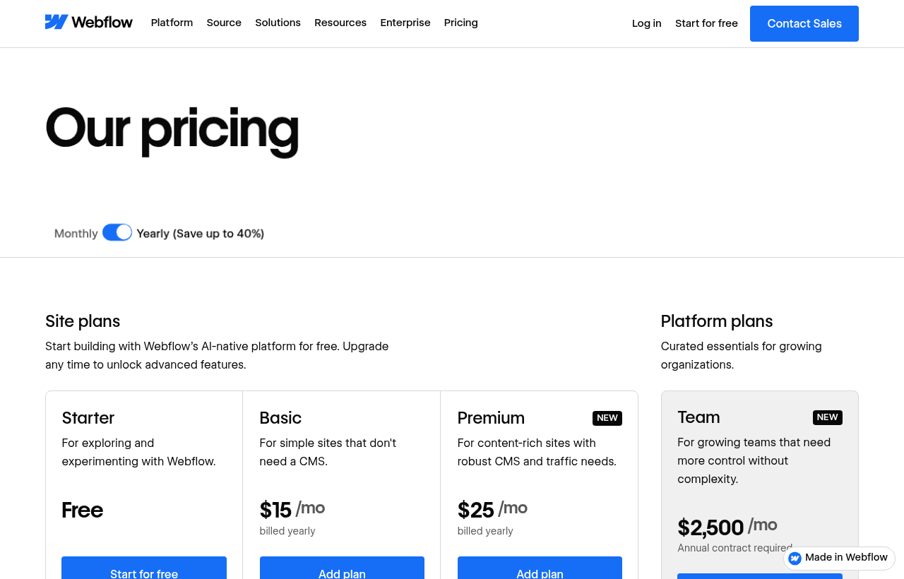Webflow pricing and plans