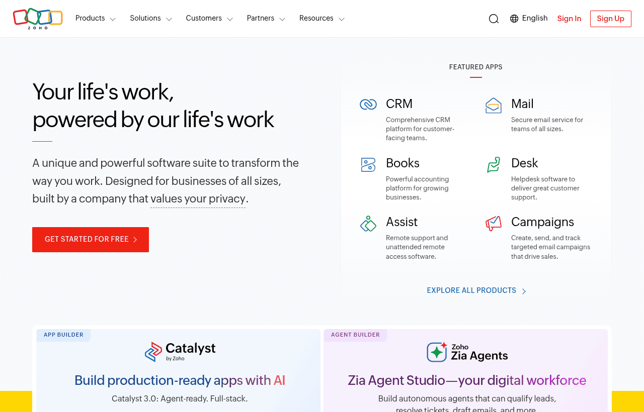 Zoho CRM product homepage