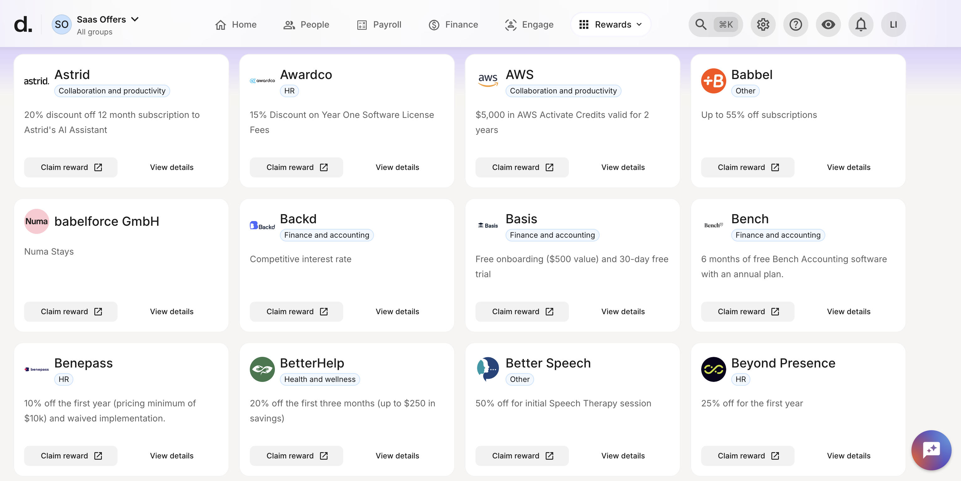 Deel Perks dashboard showing partner discounts including AWS, Babbel, Bench, BetterHelp, Awardco, and other employee perks